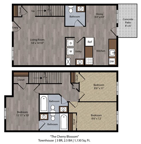 Floor plan for 3 beds, 2.5 baths, 1130 sqft